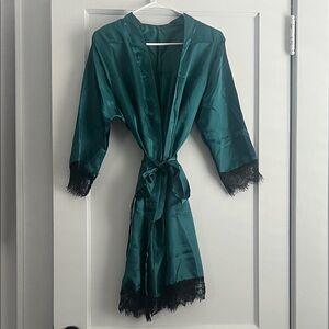 Elegant Teal Satin Robe with Lace Trim Set
